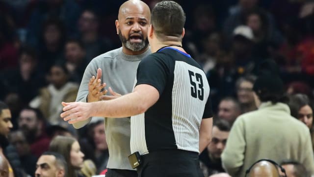 Jan 29, 2024; Cleveland, Ohio, USA; Cleveland Cavaliers head coach J.B. Bickerstaff argues with referee Matt Kallio during the first half against the Los Angeles Clippers at Rocket Mortgage FieldHouse.